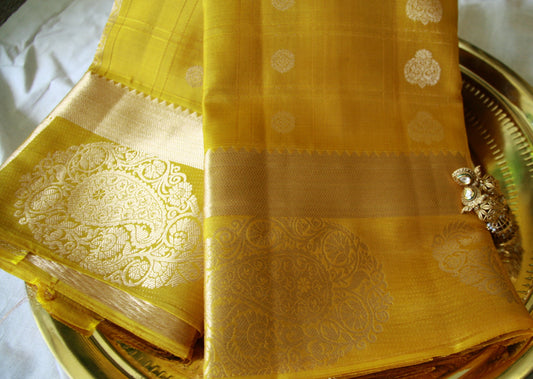 Sunset Yellow Pure Silk Kanjivaram Saree with Checks work | SILK MARK CERTIFIED