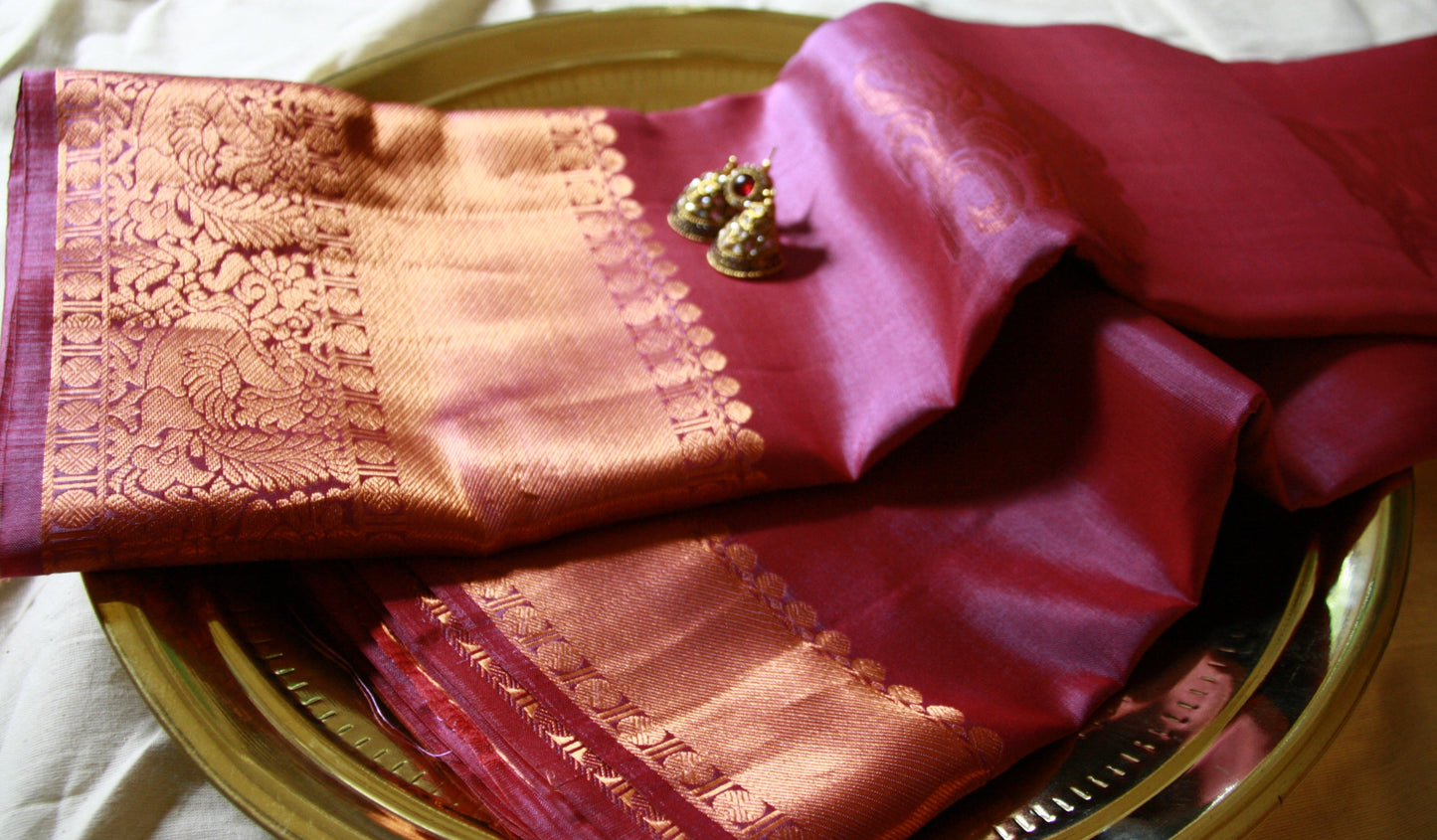 Lavender Pink Pure Silk Kanjivaram Saree with Copper Gold Zari Border|  SILK MARK CERTIFIED