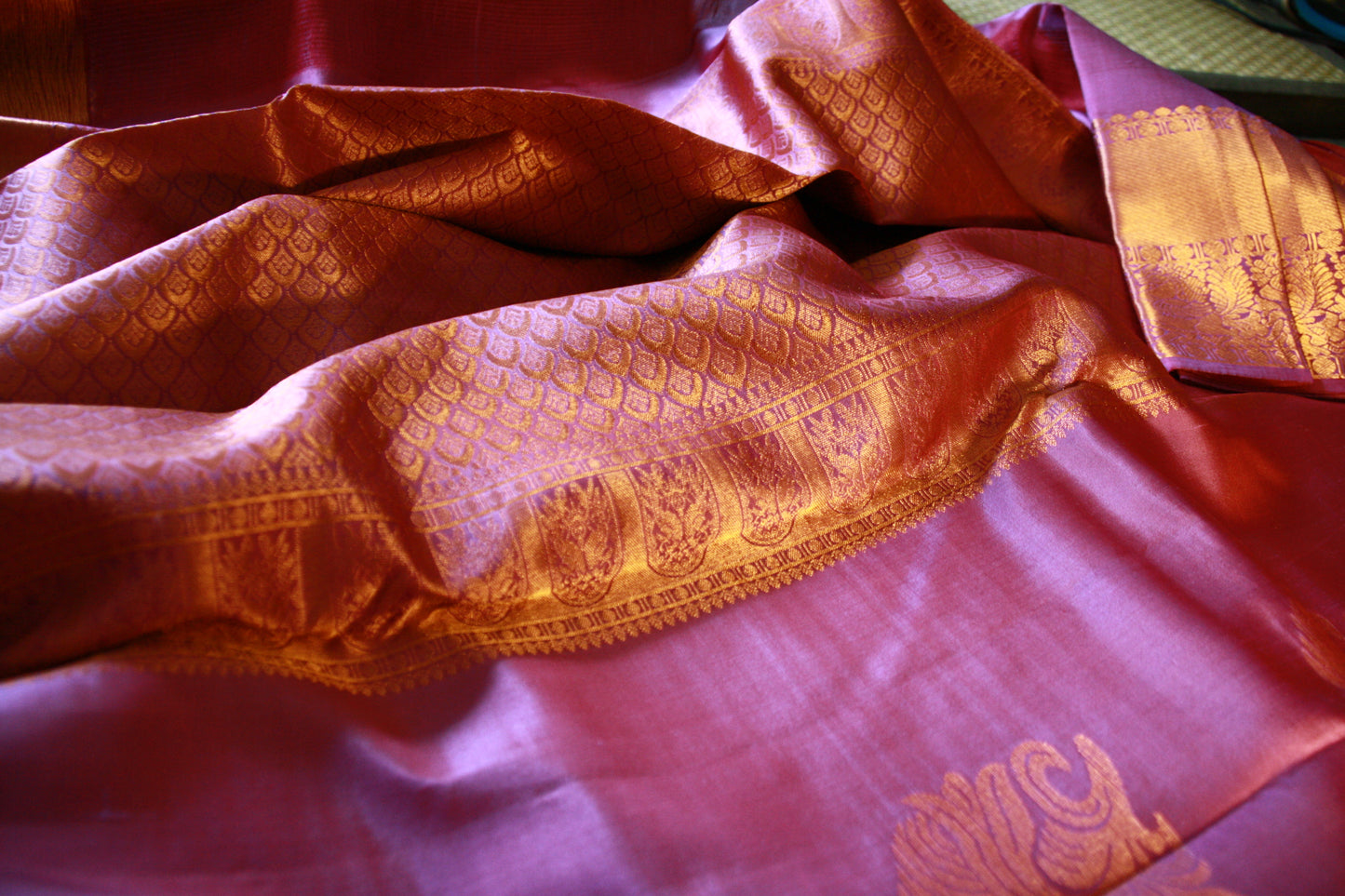 Lavender Pink Pure Silk Kanjivaram Saree with Copper Gold Zari Border|  SILK MARK CERTIFIED