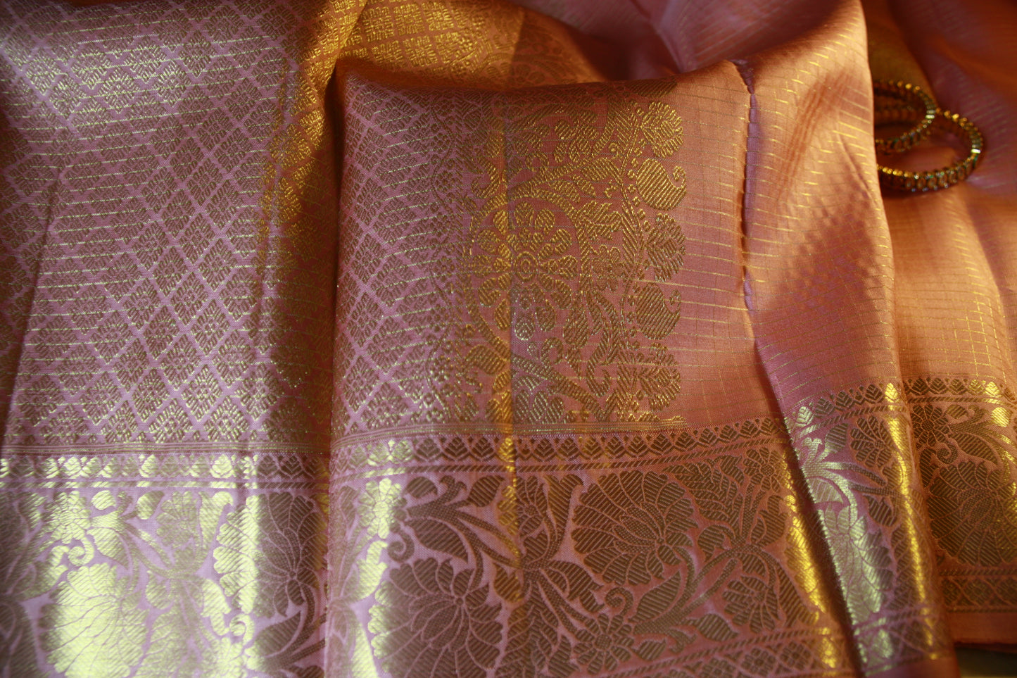 Soft Pink Pure Silk Kanjivaram Saree |Checks Golden Zari work Saree | SILK MARK CERTIFIED