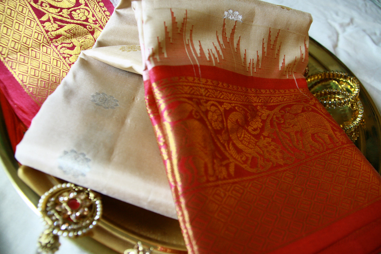 Creamy Beige Pure Silk Kanjivaram Saree with Golden and Dark Pink Zari work | SILK MARK CERTIFIED