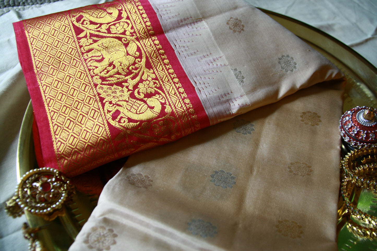 Creamy Beige Pure Silk Kanjivaram Saree with Golden and Dark Pink Zari work | SILK MARK CERTIFIED