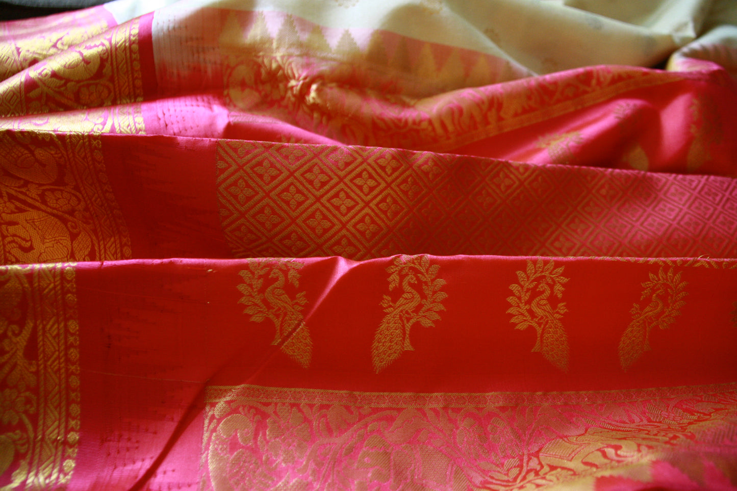 Creamy Beige Pure Silk Kanjivaram Saree with Golden and Dark Pink Zari work | SILK MARK CERTIFIED