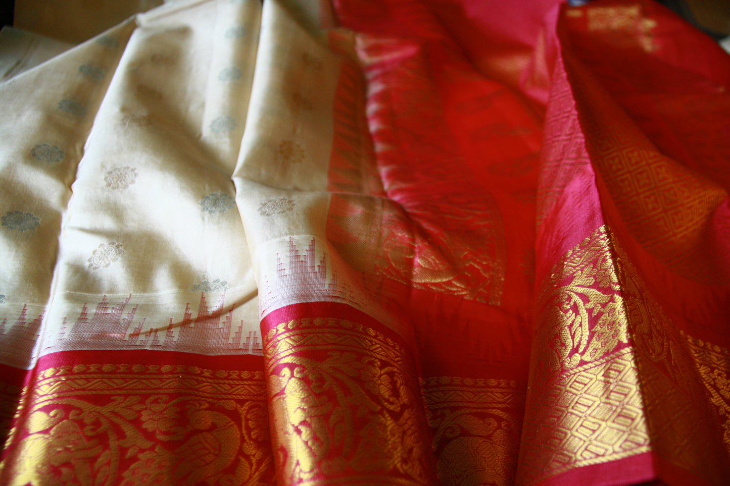 Creamy Beige Pure Silk Kanjivaram Saree with Golden and Dark Pink Zari work | SILK MARK CERTIFIED