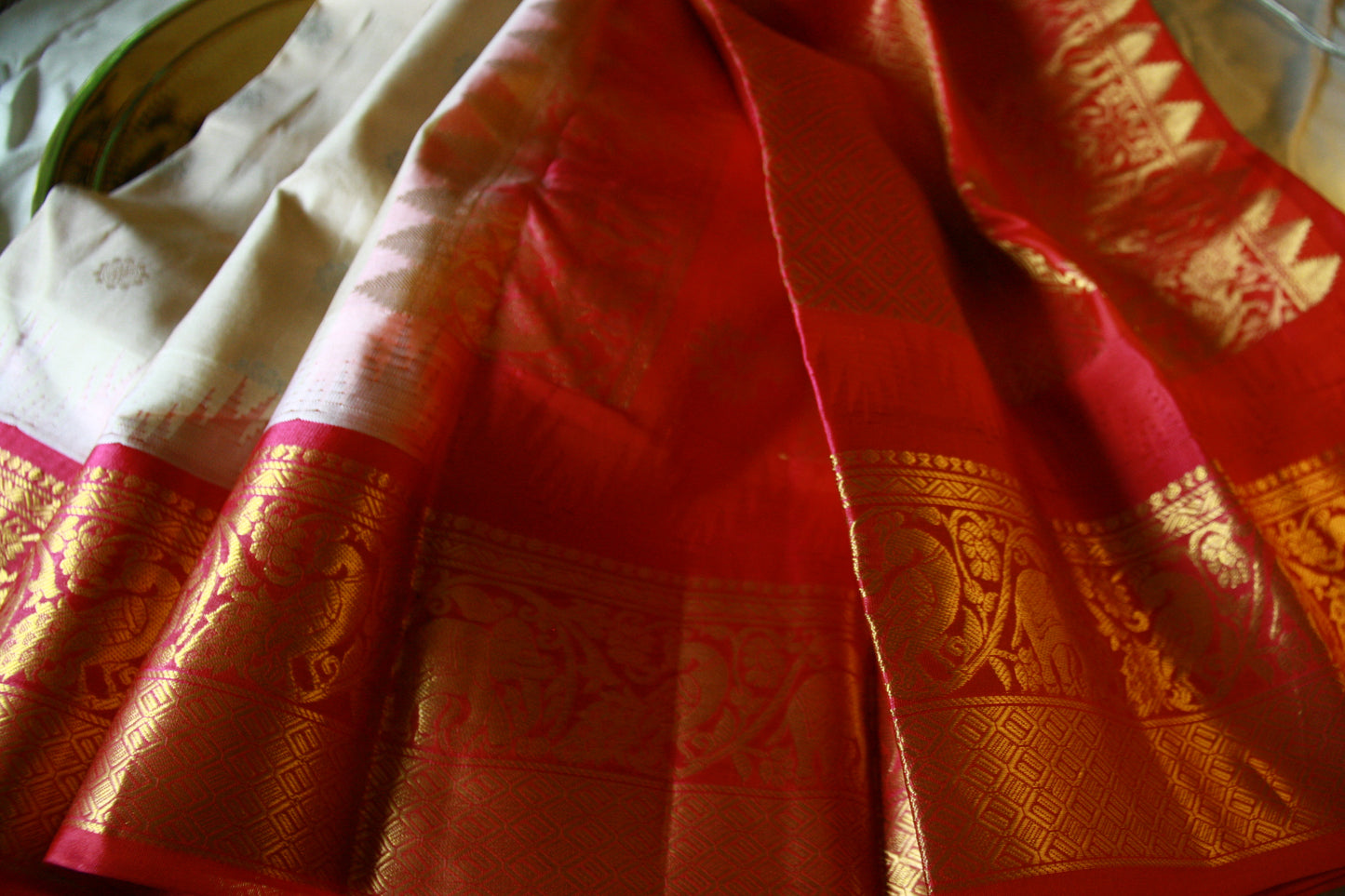 Creamy Beige Pure Silk Kanjivaram Saree with Golden and Dark Pink Zari work | SILK MARK CERTIFIED