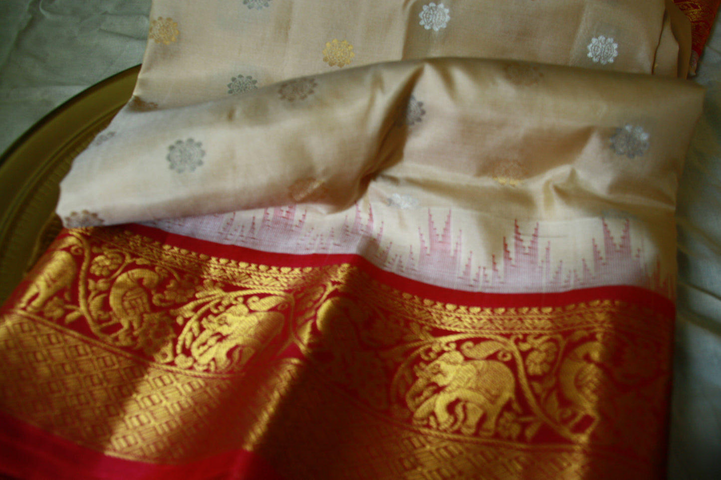 Creamy Beige Pure Silk Kanjivaram Saree with Golden and Dark Pink Zari work | SILK MARK CERTIFIED