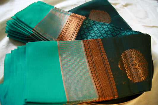 Dark Green Pure Cotton Saree with Aqua Blue and Copper Zari work