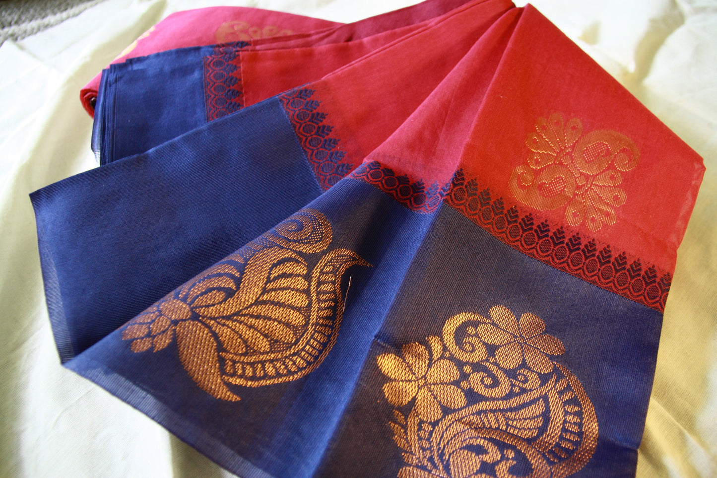 Pink and Blue Pure Cotton Saree with broad Blue border