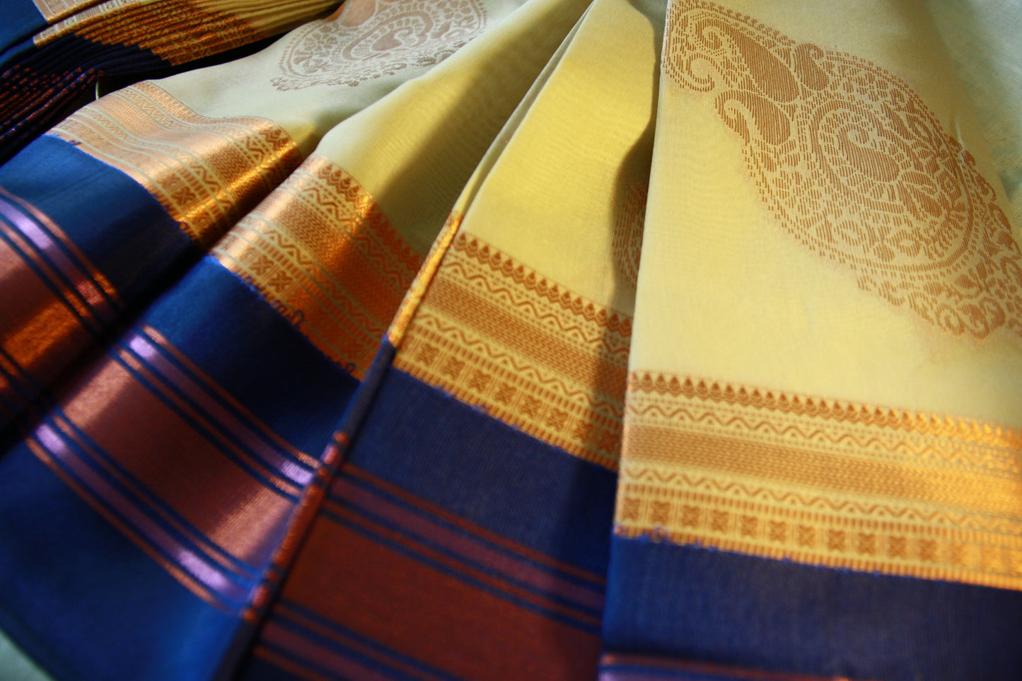 Cream Beige Cotton Saree with Deep Blue border and Light Copper work