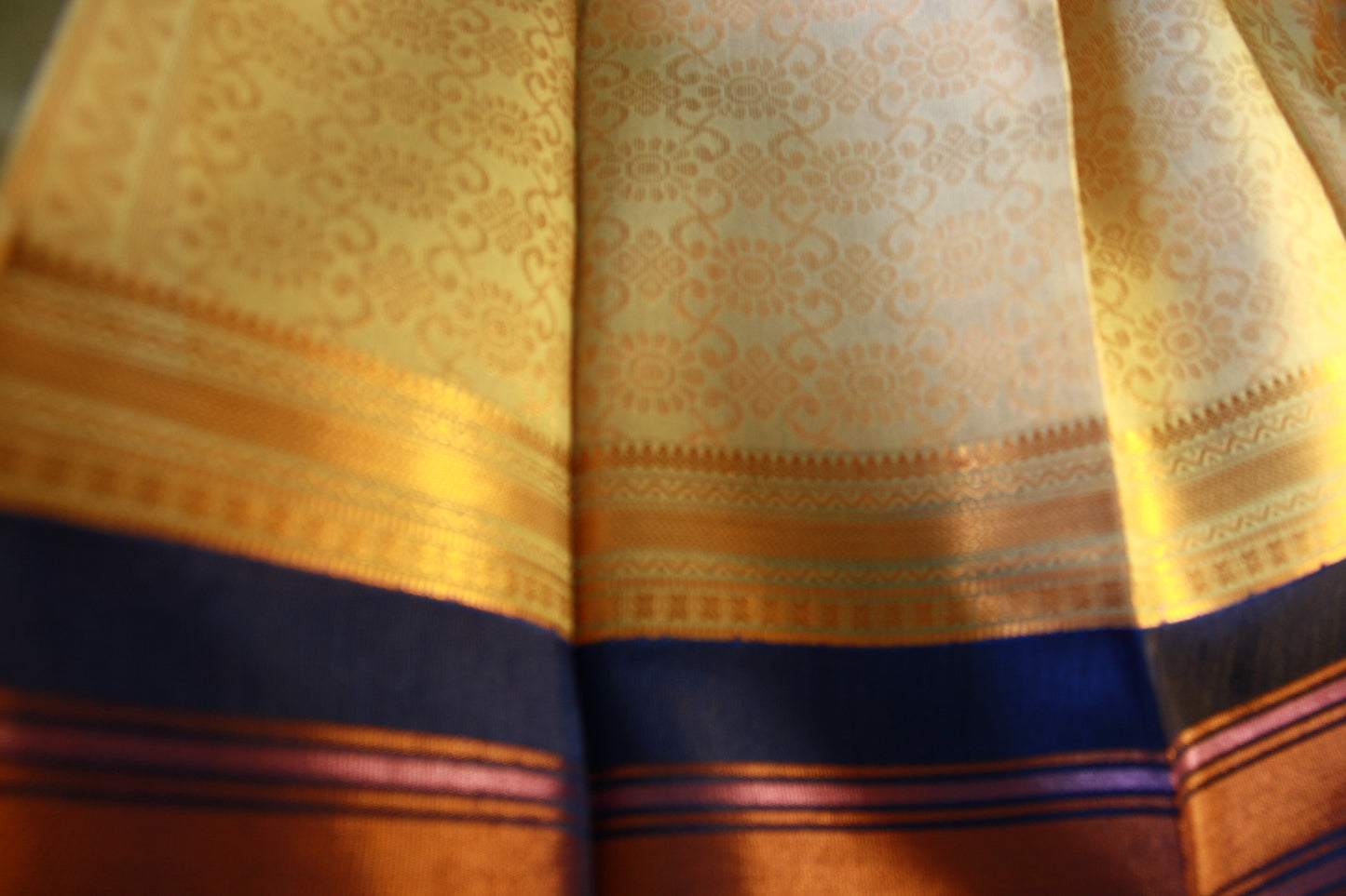 Cream Beige Cotton Saree with Deep Blue border and Light Copper work