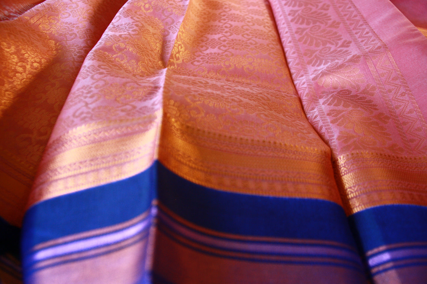 Cream Pink Pure Cotton Saree with Copper and Golden Zari work