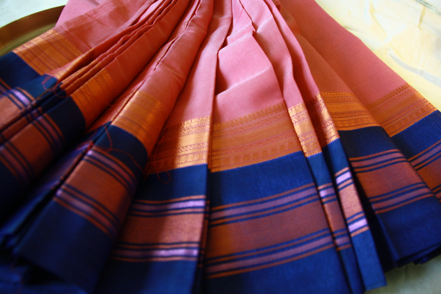 Cream Pink Pure Cotton Saree with Copper and Golden Zari work