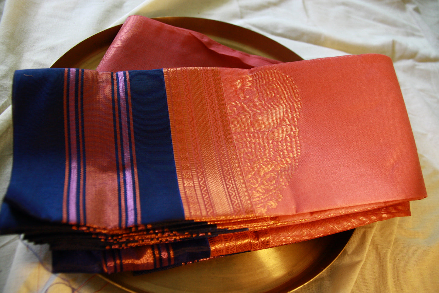 Cream Pink Pure Cotton Saree with Copper and Golden Zari work