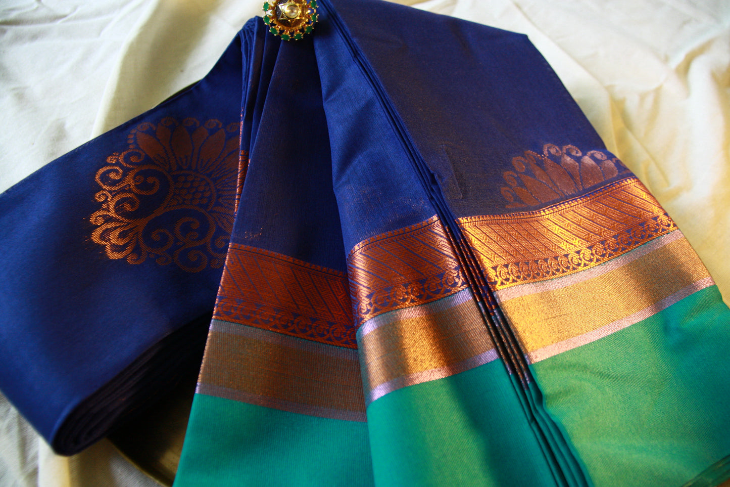 Dark Blue Pure Cotton Saree with Copper Zari work