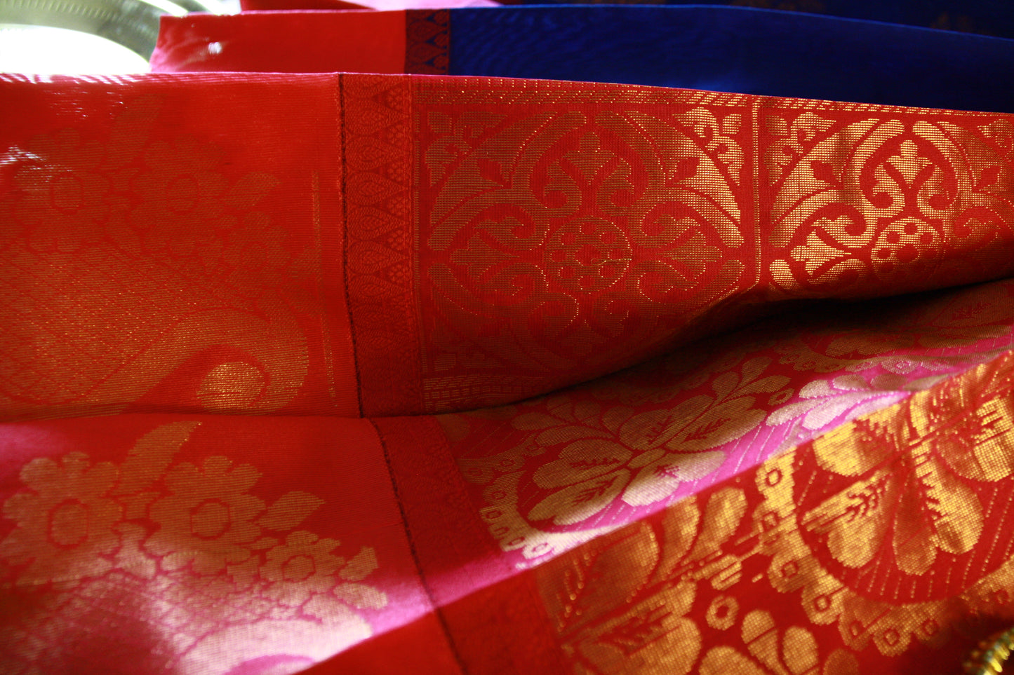 Peacock Blue Cotton Saree with Big Rose Pink Border and Golden work.