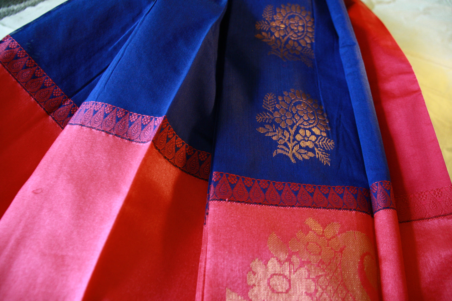 Peacock Blue Cotton Saree with Big Rose Pink Border and Golden work.