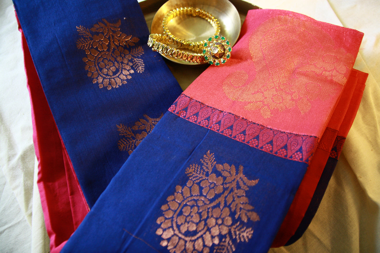 Peacock Blue Cotton Saree with Big Rose Pink Border and Golden work.