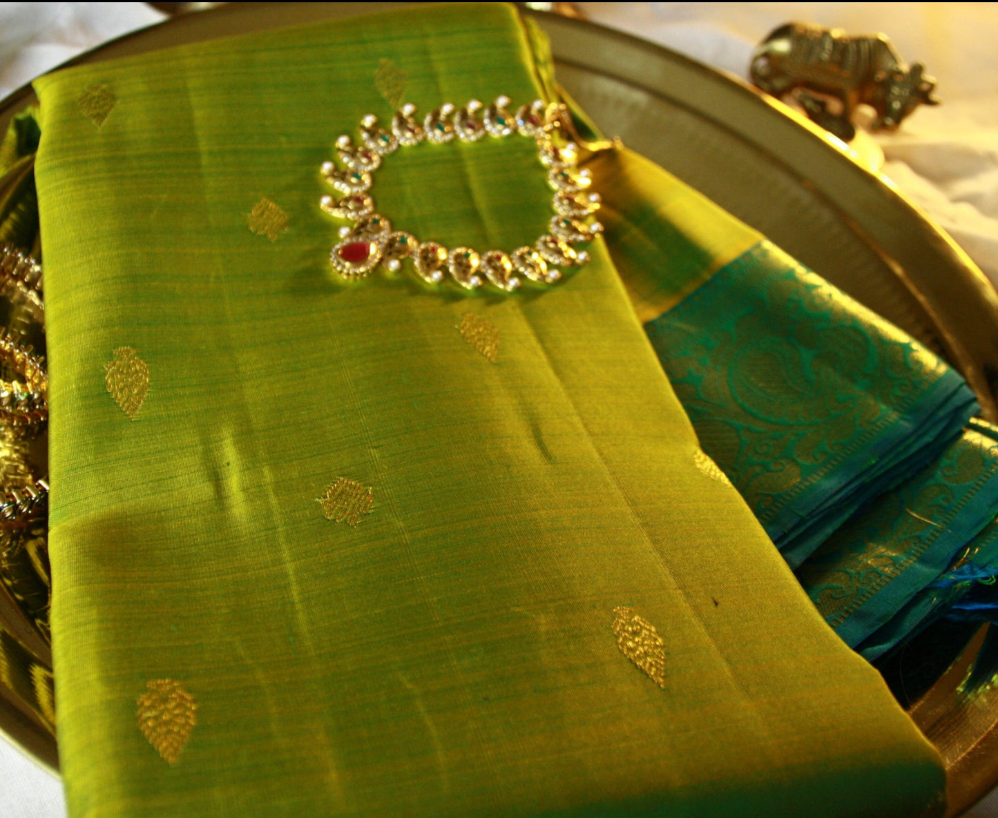 Green Pure Silk Kanjivaram Saree with Blue and Golden Zari work | SILK MARK CERTIFIED