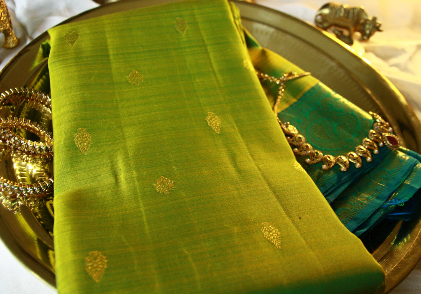 Green Pure Silk Kanjivaram Saree with Blue and Golden Zari work | SILK MARK CERTIFIED