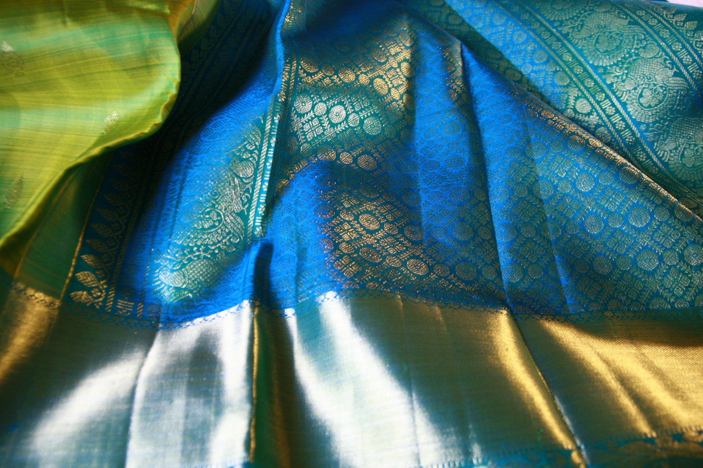 Green Pure Silk Kanjivaram Saree with Blue and Golden Zari work | SILK MARK CERTIFIED