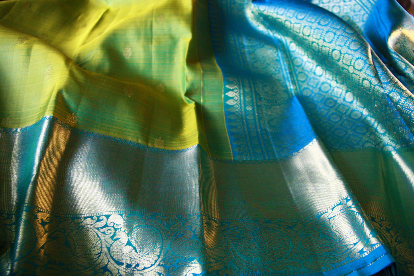 Green Pure Silk Kanjivaram Saree with Blue and Golden Zari work | SILK MARK CERTIFIED