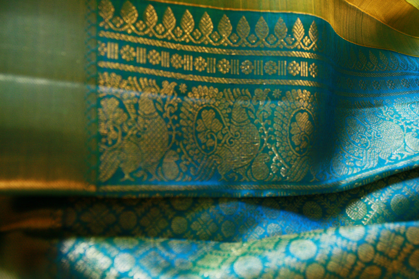 Green Pure Silk Kanjivaram Saree with Blue and Golden Zari work | SILK MARK CERTIFIED