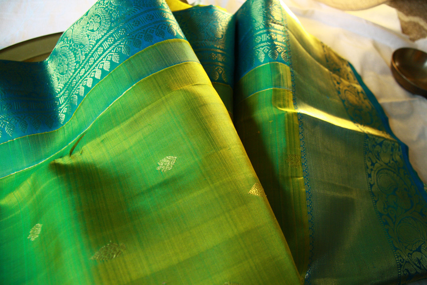 Green Pure Silk Kanjivaram Saree with Blue and Golden Zari work | SILK MARK CERTIFIED