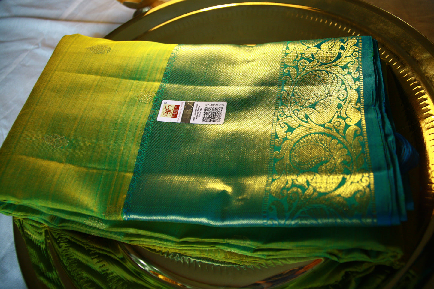 Green Pure Silk Kanjivaram Saree with Blue and Golden Zari work | SILK MARK CERTIFIED