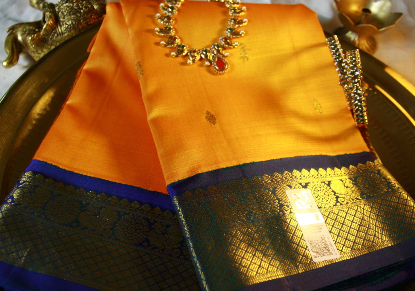 Orange Yellow Pure Silk Kanjivaram Saree with Golden Zari work | SILK MARK CERTIFIED