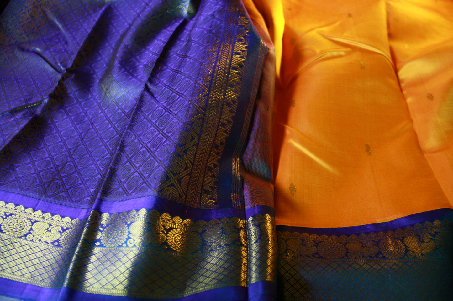 Orange Yellow Pure Silk Kanjivaram Saree with Golden Zari work | SILK MARK CERTIFIED