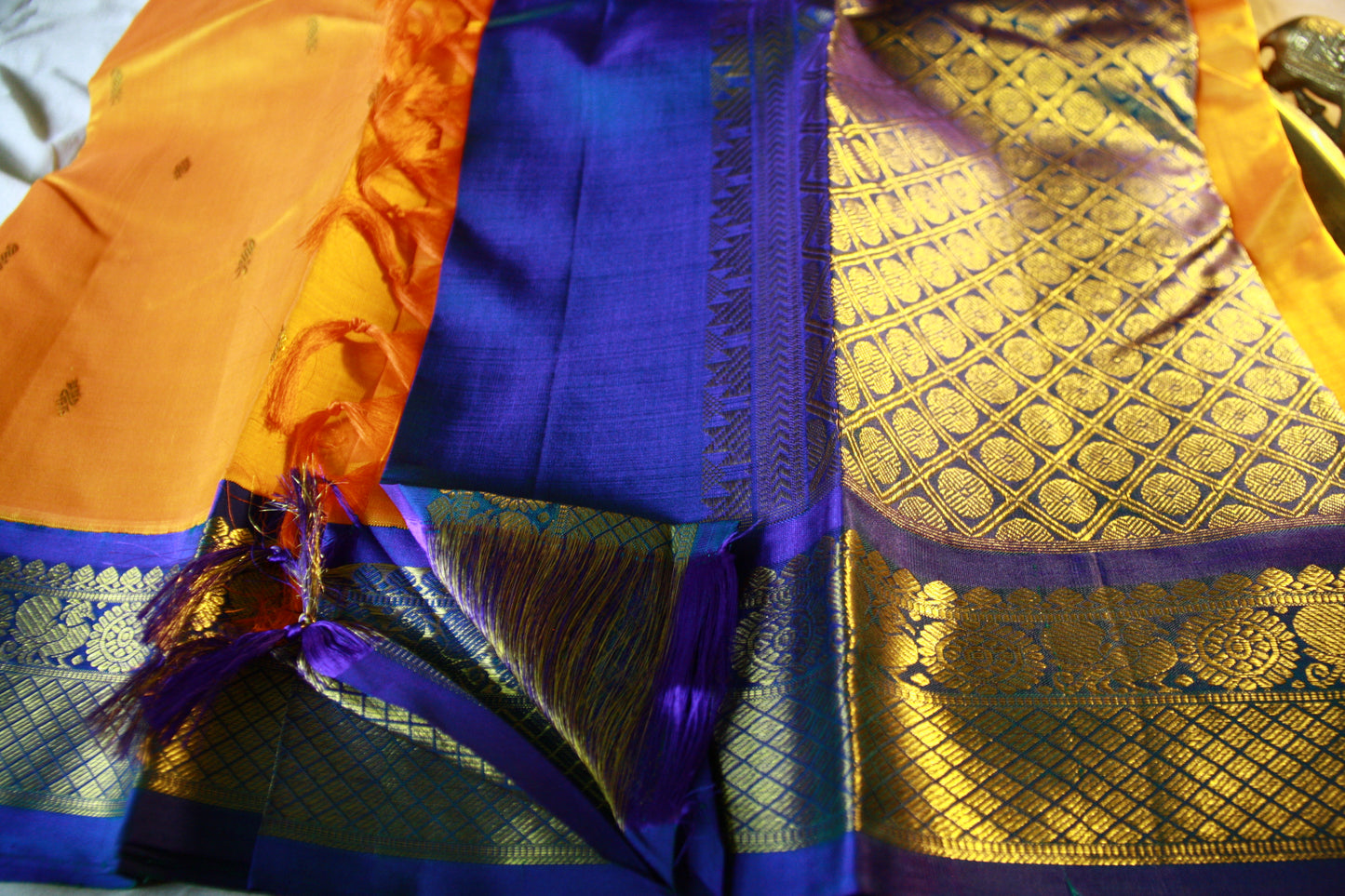 Orange Yellow Pure Silk Kanjivaram Saree with Golden Zari work | SILK MARK CERTIFIED