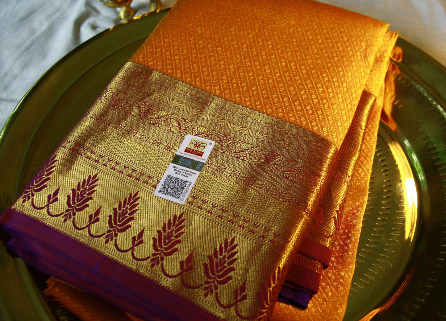 Orange Yellow Shade Pure Silk Kanjivaram Saree with Purple Golden Zari| SILK MARK CERTIFIED