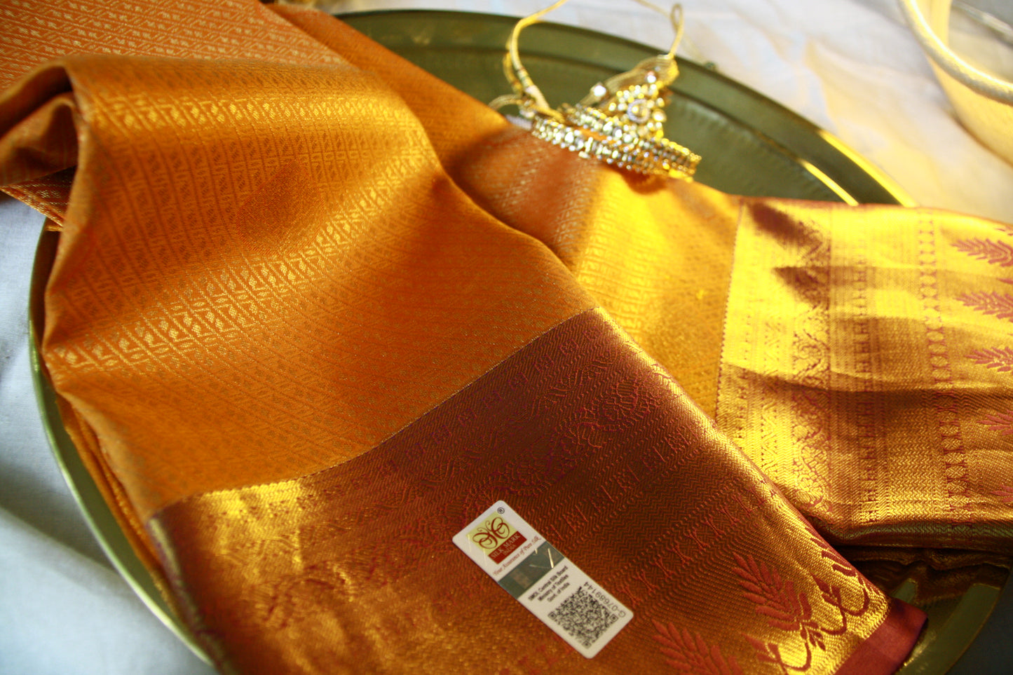 Orange Yellow Shade Pure Silk Kanjivaram Saree with Purple Golden Zari| SILK MARK CERTIFIED