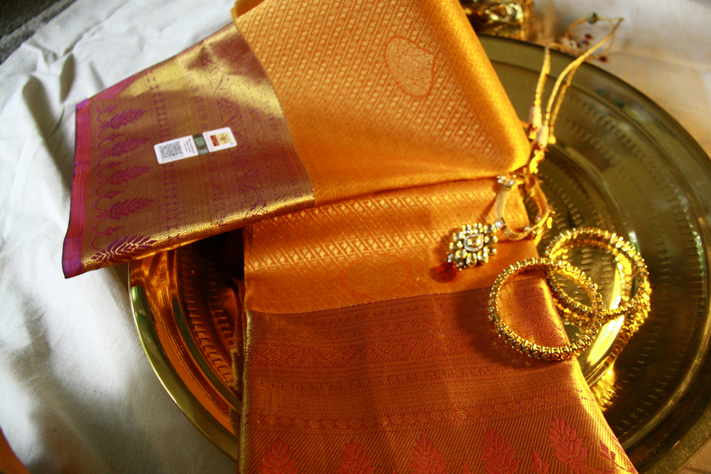 Orange Yellow Shade Pure Silk Kanjivaram Saree with Purple Golden Zari| SILK MARK CERTIFIED