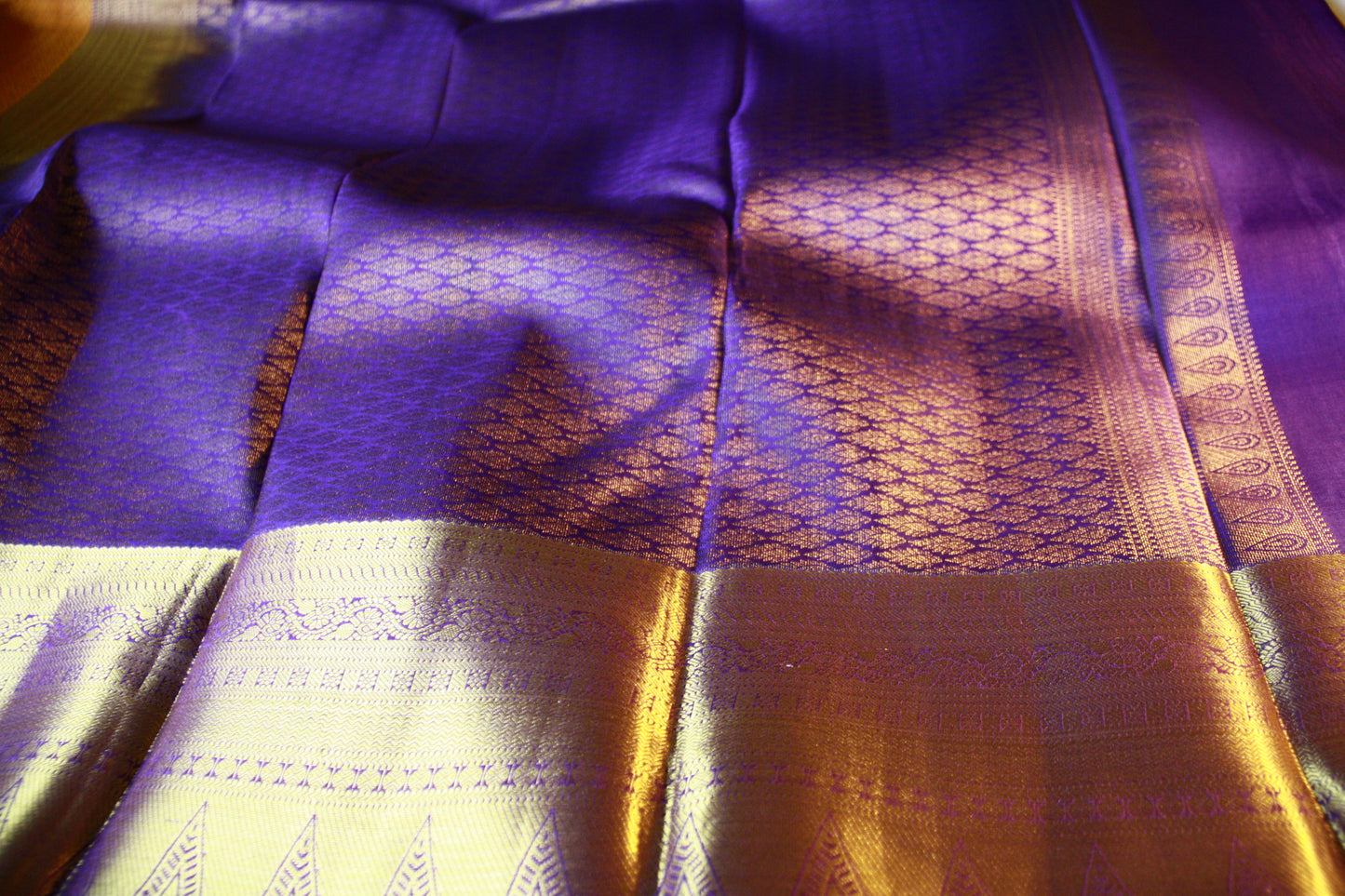 Orange Yellow Shade Pure Silk Kanjivaram Saree with Purple Golden Zari| SILK MARK CERTIFIED