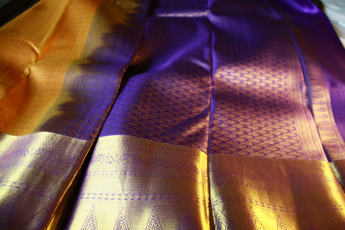 Orange Yellow Shade Pure Silk Kanjivaram Saree with Purple Golden Zari| SILK MARK CERTIFIED