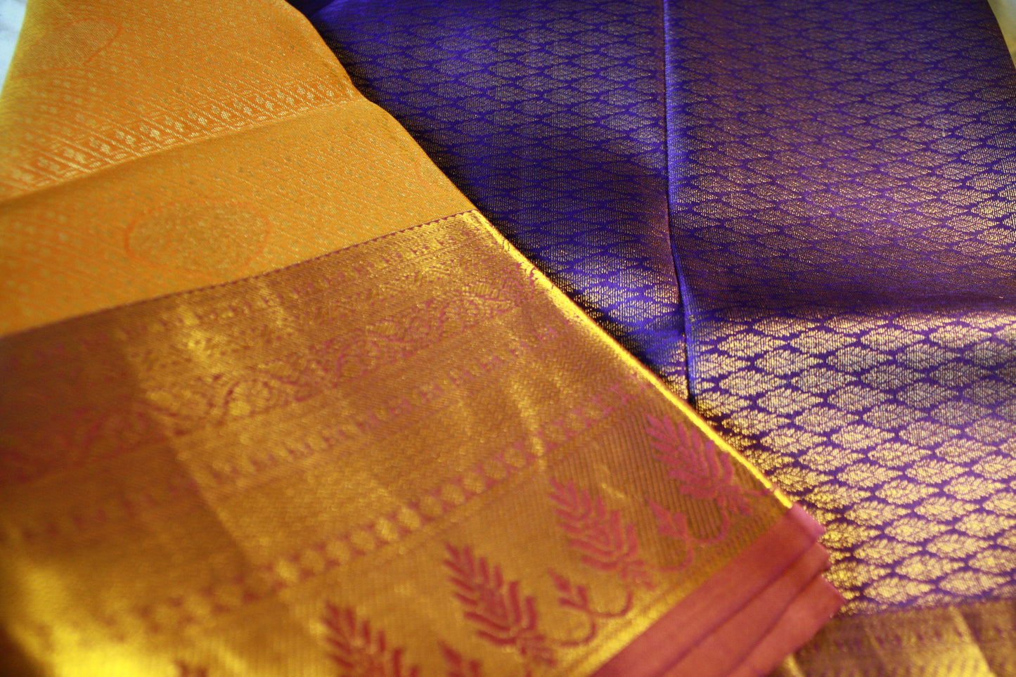 Orange Yellow Shade Pure Silk Kanjivaram Saree with Purple Golden Zari| SILK MARK CERTIFIED