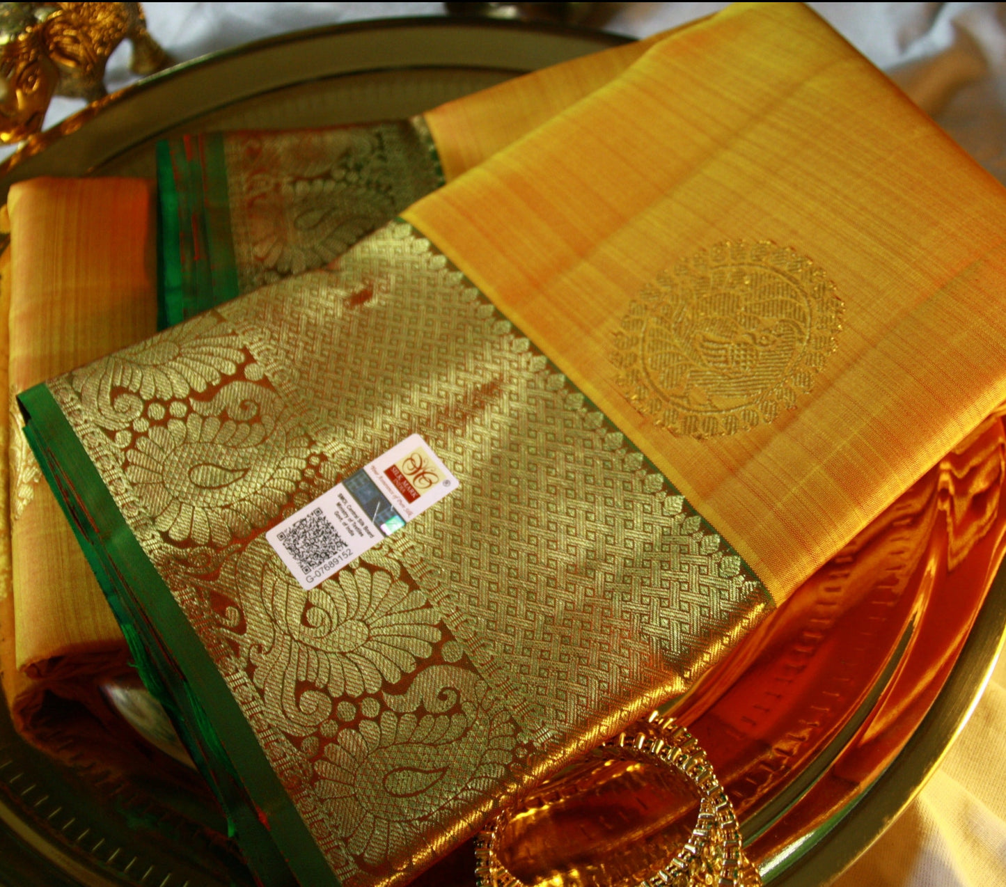 Dark Yellow Pure Silk Kanjivaram Saree with Dark Green and Golden Zari work | SILK MARK CERTIFIED