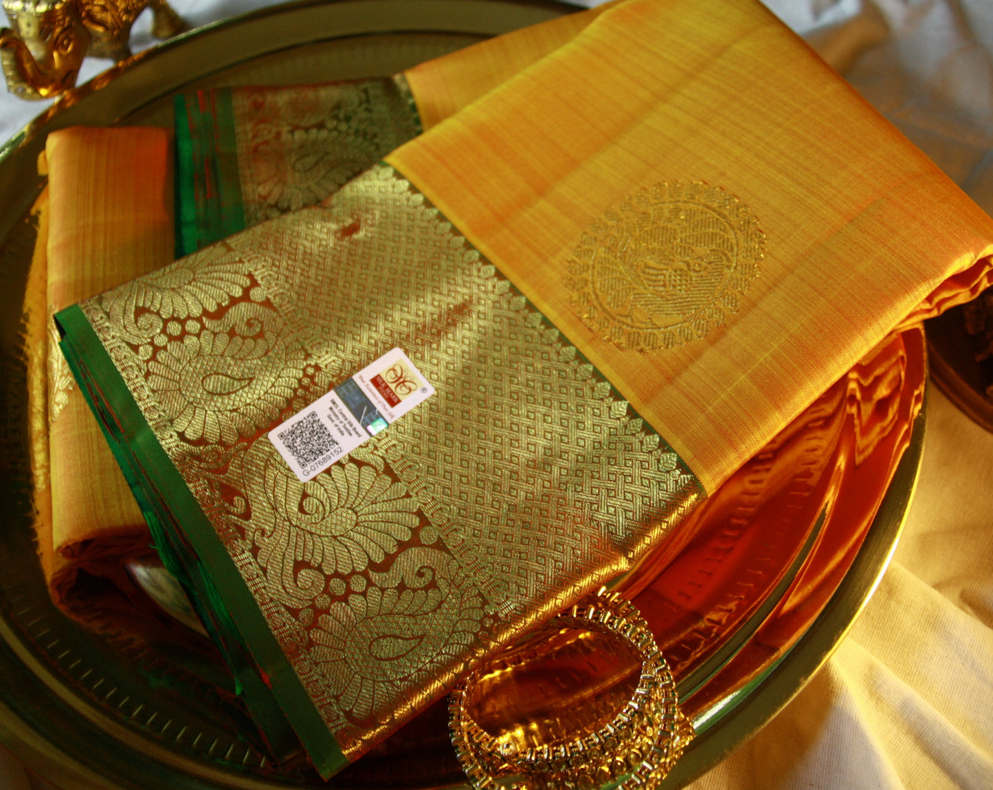 Dark Yellow Pure Silk Kanjivaram Saree with Dark Green and Golden Zari work | SILK MARK CERTIFIED