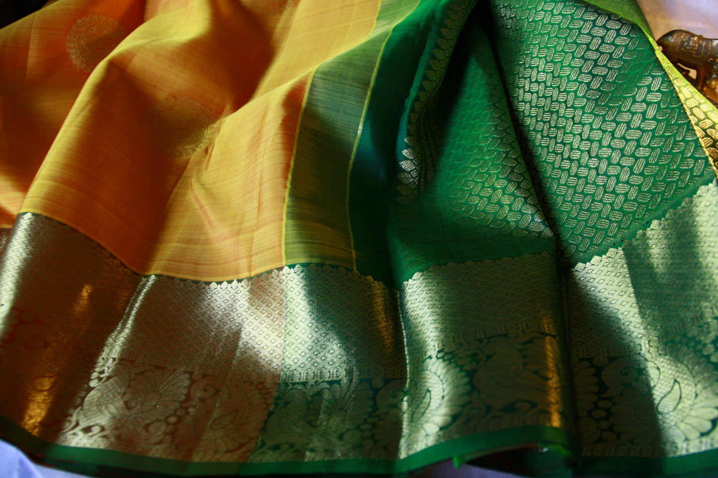 Dark Yellow Pure Silk Kanjivaram Saree with Dark Green and Golden Zari work | SILK MARK CERTIFIED