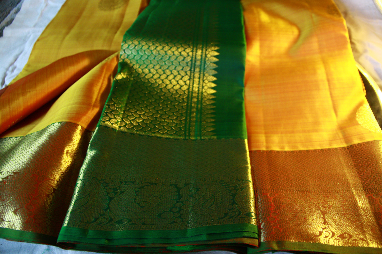 Dark Yellow Pure Silk Kanjivaram Saree with Dark Green and Golden Zari work | SILK MARK CERTIFIED