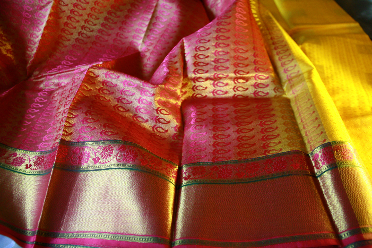 Vibrant Yellow Pure Silk Kanjivaram Saree with Pink and Golden Zari work. | SILK MARK CERTIFIED