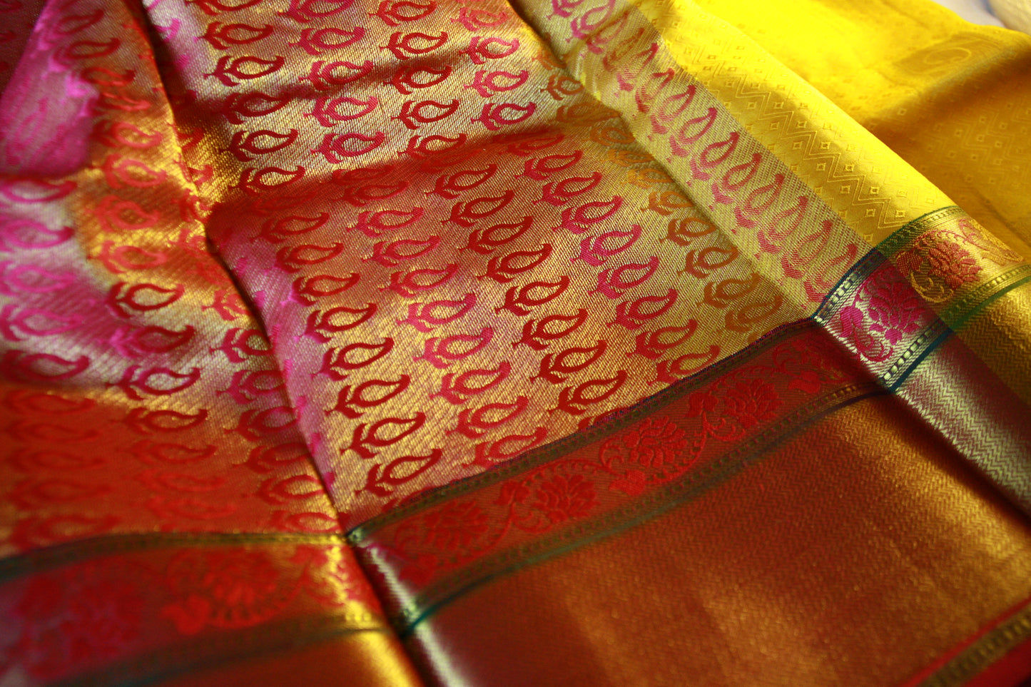 Vibrant Yellow Pure Silk Kanjivaram Saree with Pink and Golden Zari work. | SILK MARK CERTIFIED