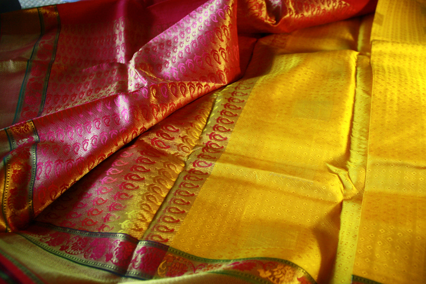 Vibrant Yellow Pure Silk Kanjivaram Saree with Pink and Golden Zari work. | SILK MARK CERTIFIED