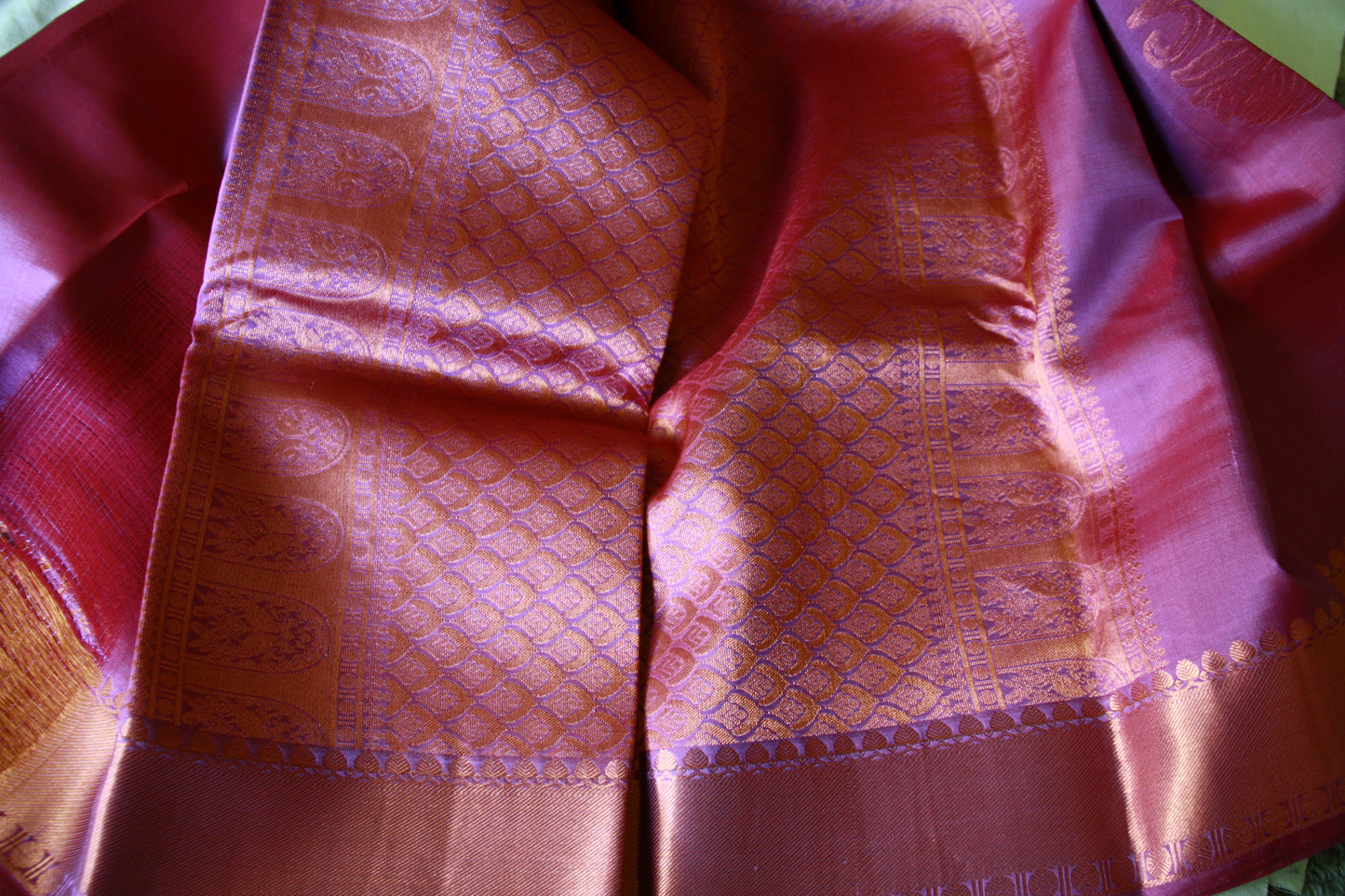 Lavender Pink Pure Silk Kanjivaram Saree with Copper Gold Zari Border|  SILK MARK CERTIFIED