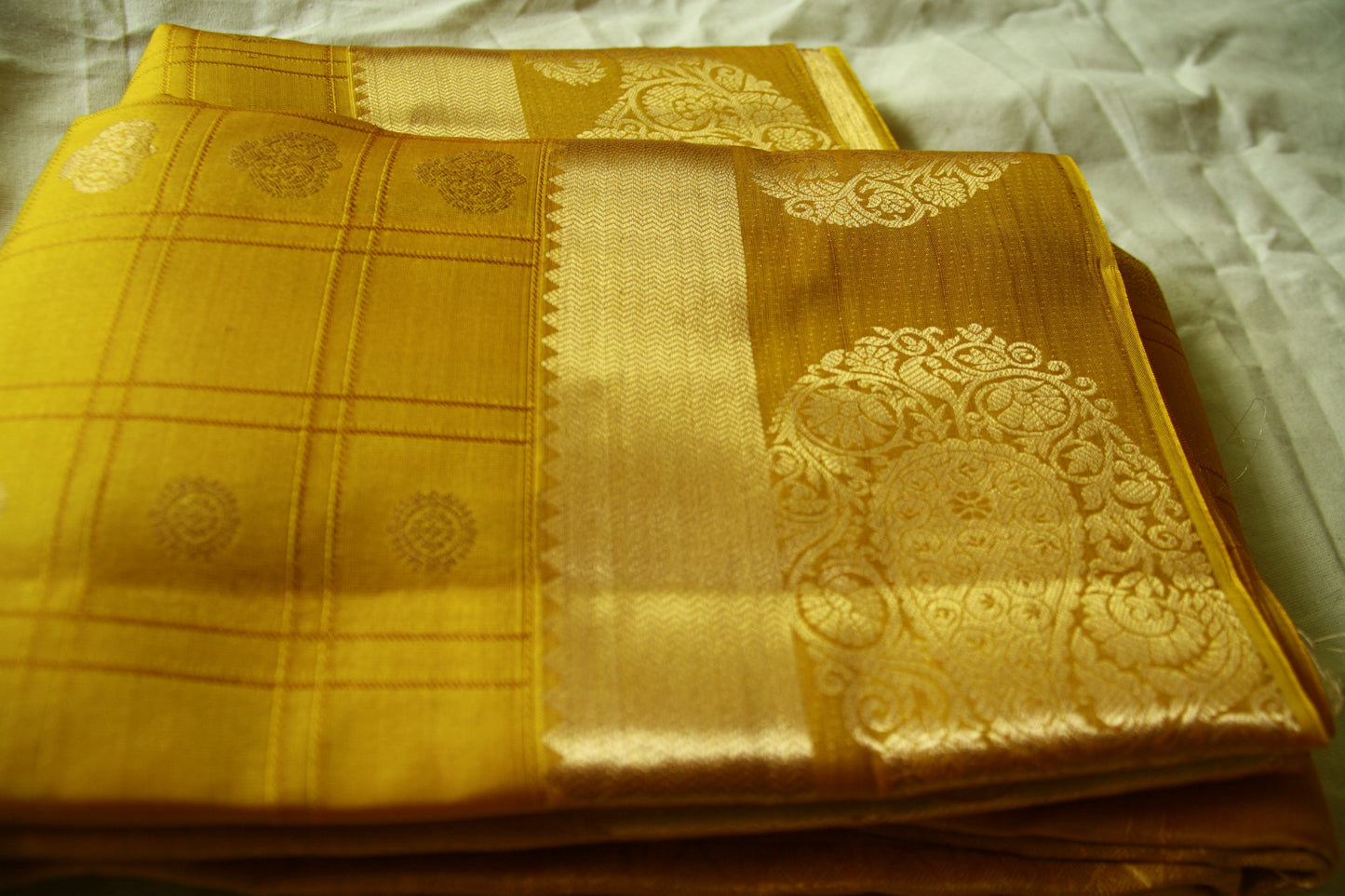 Sunset Yellow Pure Silk Kanjivaram Saree with Checks work | SILK MARK CERTIFIED