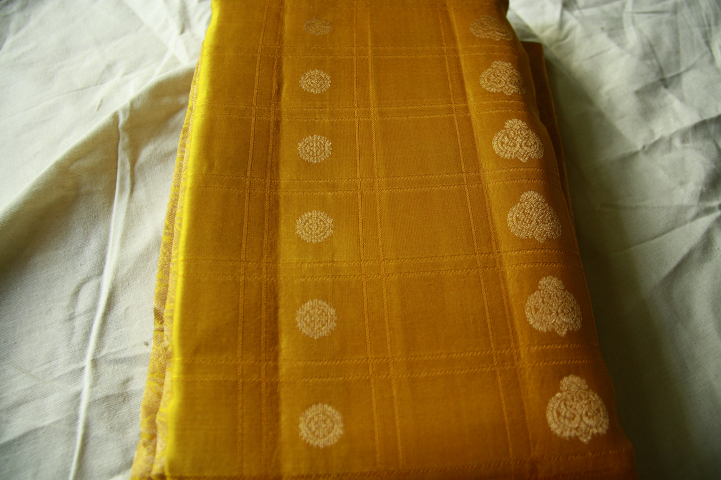 Sunset Yellow Pure Silk Kanjivaram Saree with Checks work | SILK MARK CERTIFIED