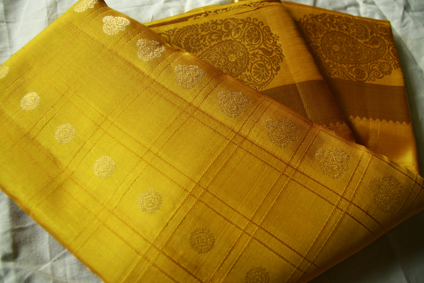 Sunset Yellow Pure Silk Kanjivaram Saree with Checks work | SILK MARK CERTIFIED