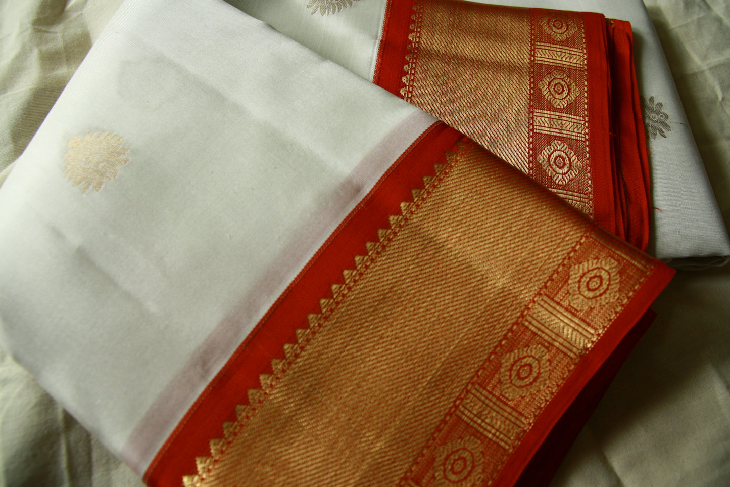 Swan White Pure Silk Kanjivaram Saree with Red and Golden Zari work | SILK MARK CERTIFIED