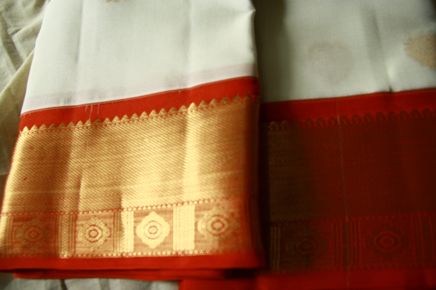 Swan White Pure Silk Kanjivaram Saree with Red and Golden Zari work | SILK MARK CERTIFIED